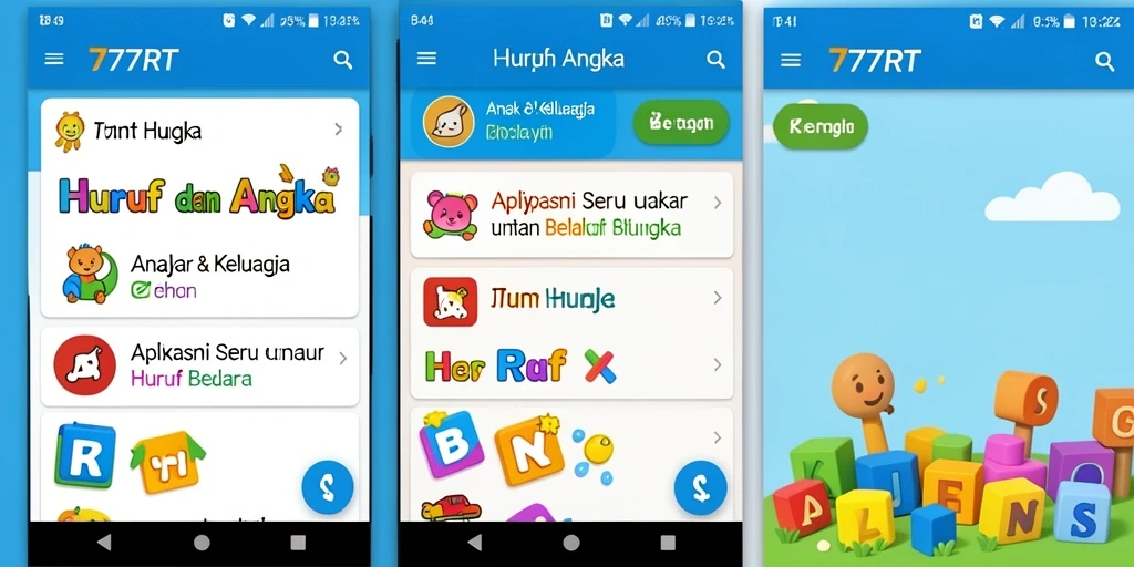 Tampilan antarmuka aplikasi 777RT untuk belajar huruf dan angka.