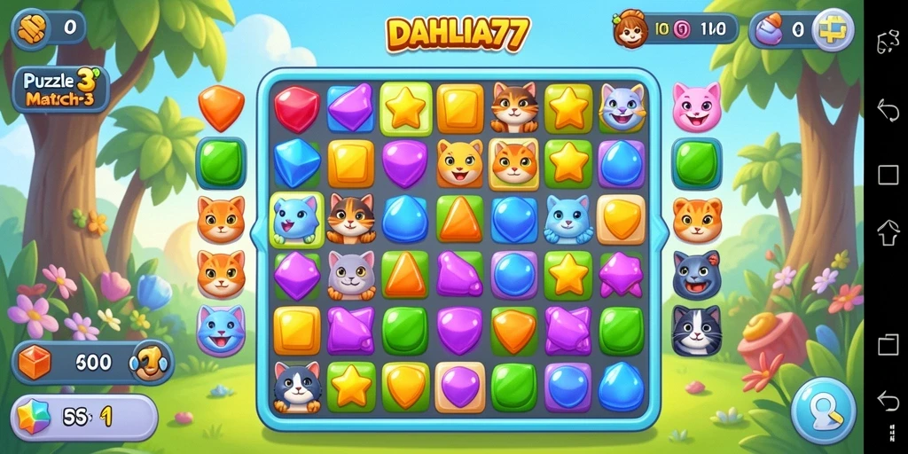 Screenshot DAHLIA77 menampilkan antarmuka permainan Puzzle Match-3 yang ceria.