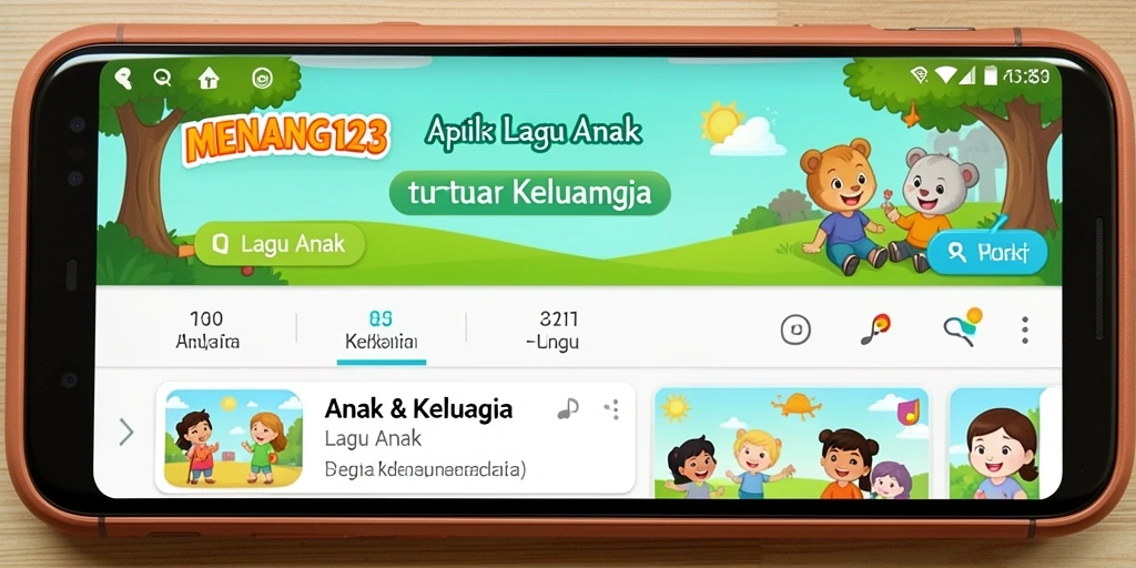 Antarmuka menarik aplikasi Lagu Anak MENANG123 yang penuh warna.